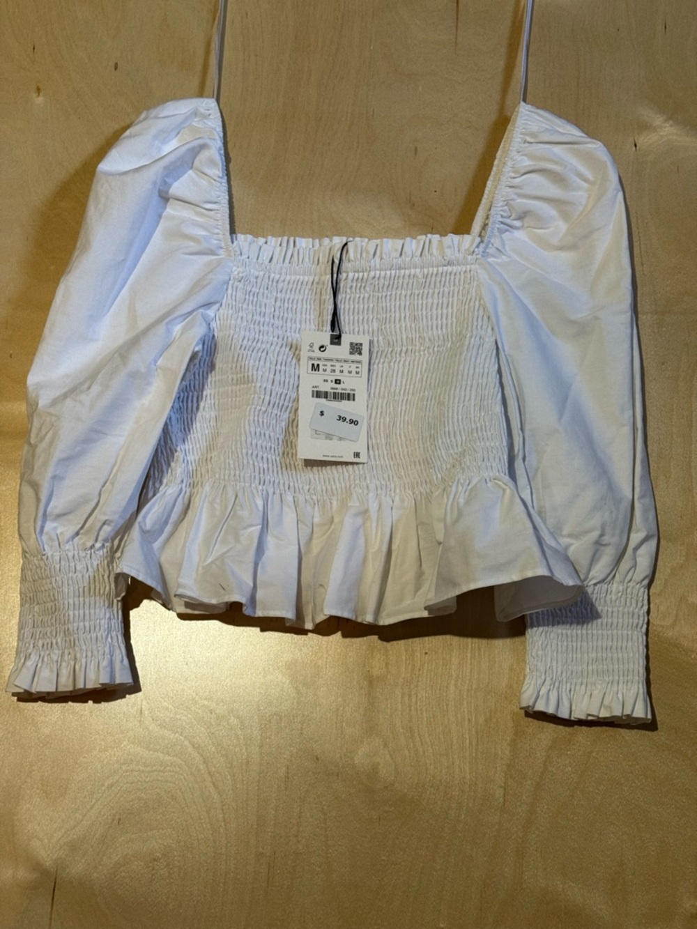 Zara White Smocked Puff Sleeves Cropped 100% Cotton Top Size M